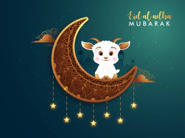 Kurban Bayramı Adha veya Bakrid afişi, poster tasarım vektörü illüstrasyonu. Güzel altın mandala el çizimi ay ve sevimli keçi.