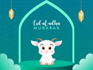 Kurban Bayramı Adha veya Bakrid afişi, poster tasarım vektörü illüstrasyonu. Pedestal Podyum Arka planı, mandala el çizimi ay ve sevimli keçi.