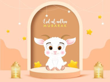 Kurban Bayramı Adha veya Bakrid afişi, poster tasarım vektörü illüstrasyonu. Pedestal Podyum Arka planı, mandala el çizimi ay ve sevimli keçi.