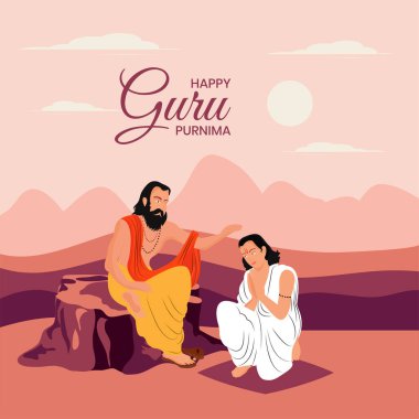 Guru Purnima Hint Festivali 'nin arka plan tasarımını guru ve shishya karakterleriyle kutluyoruz. Öğretmen öğrenciyi kutsuyor..