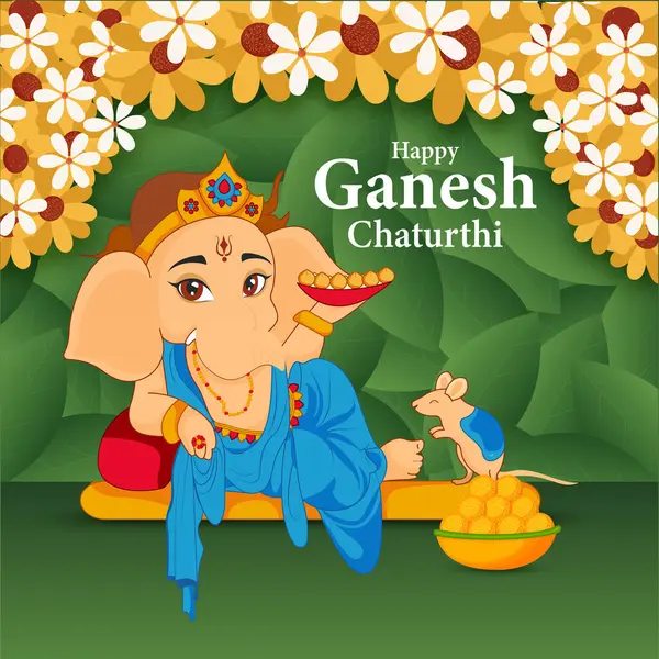 Mutlu Ganesha Chaturthi geleneksel çiçek arkaplanı ve şirin Lord Ganesha vektör illüstrasyon posteri ve afiş tasarımı.
