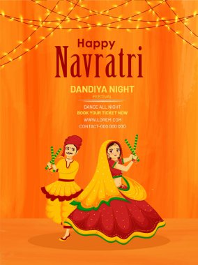 Mutlu Navratri Hint Festivali Bayrak Posteri veya broşür tasarımı, Karakter tasarımı, Dandiya ile dans eden çift vektör illüstrasyonları.