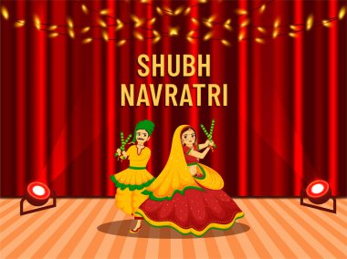 Mutlu Navratri Hint Festivali Bayrak Posteri veya broşür tasarımı, Karakter tasarımı, Dandiya ile dans eden çift vektör illüstrasyonları.