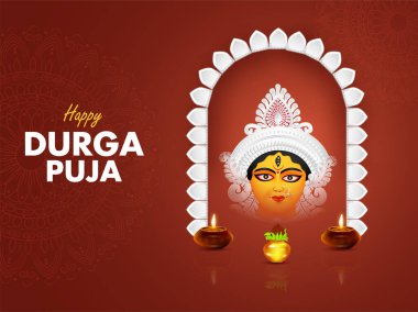 Hint tanrıçası Durga ile Hint festivali kutlamaları Mutlu Durga Puja Bengali Festivali 'nde Vector illüstrasyonunu kutluyor.