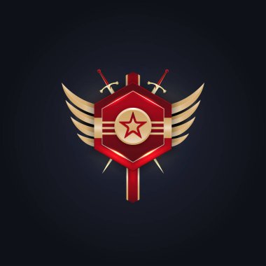 Altın ve kırmızı altıgen. Kılıç logosu tasarımlı.