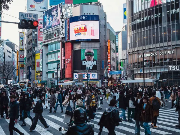 2023년 일본의 유명한 교차로인 시부야 거리에서 다니는 군중과 건물에 브랜드 스톡 이미지