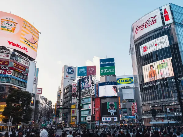 2023년 일본의 유명한 교차로인 시부야 거리에서 다니는 군중과 건물에 브랜드 스톡 사진