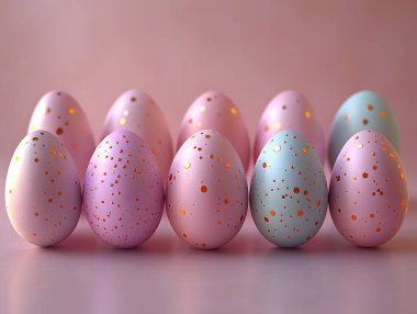 A beautiful 3D illustration featuring soft pastel Easter eggs arranged in a charming manner. The eggs showcase a variety of colors and delicate spots, perfect for seasonal decor or festive themes. clipart