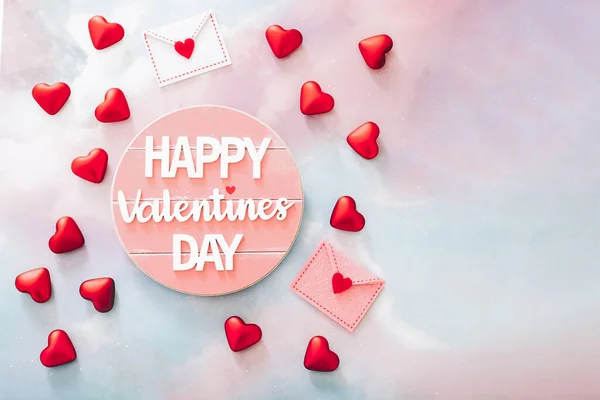 Glad Alla Hjärtans Dag Meddelande Och Röda Hjärtan Pastell Färgglada — Stockfoto