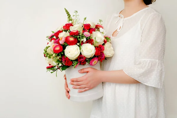 stock image Beautiful bouquet of flowers for gift in female hands