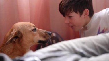 Tatlı çocuk, köpek arkadaşına sarılıp öpüyor.. 