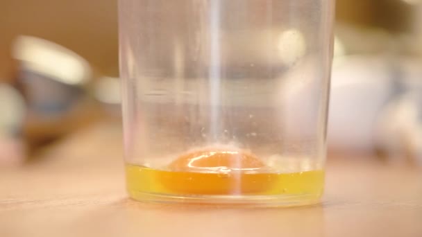 糖倒在搅拌机碗中的鸡蛋上 蛋黄酱的配制 — 图库视频影像