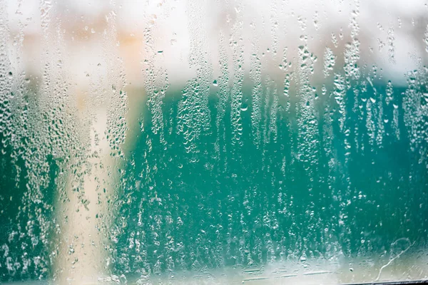 Condensation Droplets Plastic Window Glass Temperature Changes — Stock Photo, Image