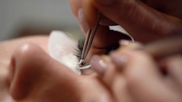 Eyelash Extensions Done Young Woman Macro — Stock Video