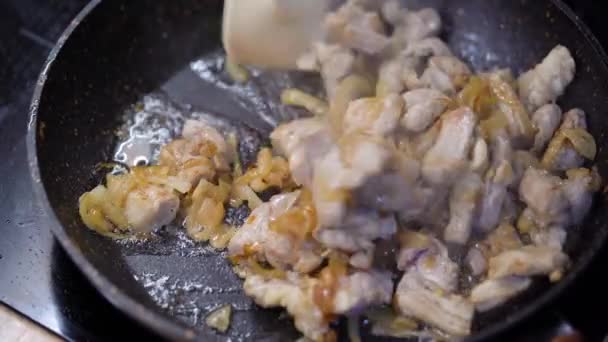 Carne Cebolas Fritas Panela Mão Mexendo Carne Com Espátula Vapor — Vídeo de Stock