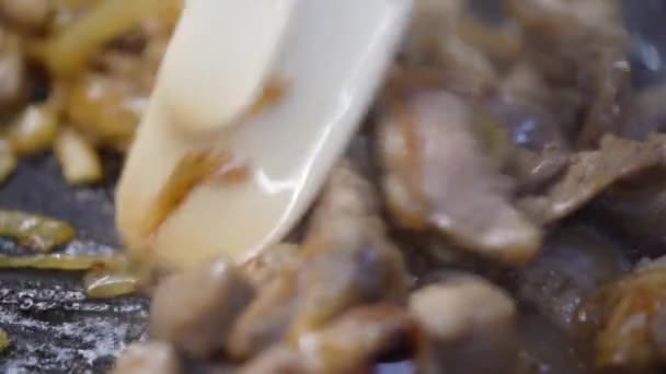 Vlees Uien Gebakken Pan Met Hand Roeren Vlees Met Spatel — Stockvideo