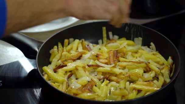 Nsan Tuzu Yapımı Patates Kızartması Mutfakta Tavada — Stok video