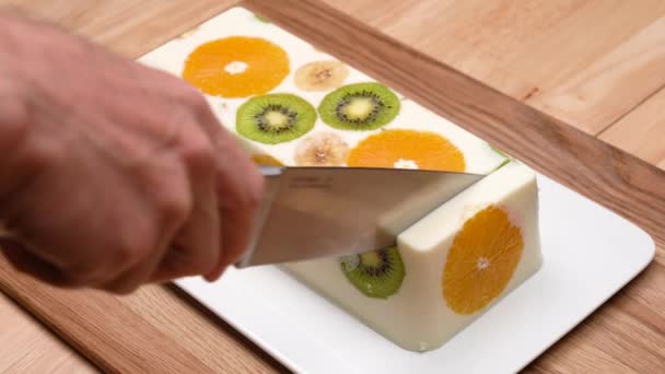 Milky Fruit Jelly Cut Knife Hands Man — Stock Video