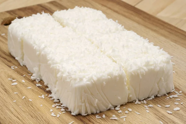 White Tender Milk Dessert Coconut Flakes Wooden Cutting Board — Stock Photo, Image