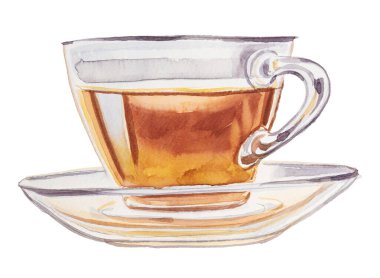 Klasik cam çay illüstrasyonu. Retro bardak tasarımı. Sıcak içecek, beyaz arka planda izole edilmiş. Sakinleştirici bitki çayı klipsi. Daha sağlıklı olmak için iç..
