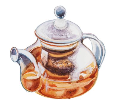 Çay dizaynlı şeffaf cam çaydanlık. Suluboya çaydanlık çizimi. Retro mutfak gereçleri kümesi.