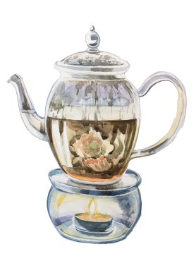 Çay dizaynlı şeffaf cam çaydanlık. Suluboya çaydanlık çizimi. Retro mutfak gereçleri kümesi.