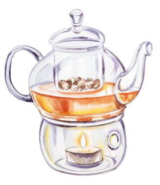 Çay dizaynlı şeffaf cam çaydanlık. Suluboya çaydanlık çizimi. Retro mutfak gereçleri kümesi.