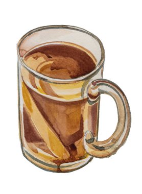 Klasik cam çay illüstrasyonu. Retro bardak tasarımı. Sıcak içecek, beyaz arka planda izole edilmiş. Sakinleştirici bitki çayı klipsi. Daha sağlıklı olmak için iç..