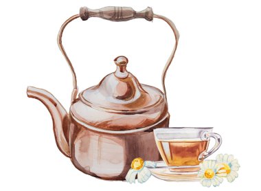 Çay dizaynlı eski bir bakır çaydanlık. Suluboya çaydanlık çizimi. Retro mutfak gereçleri kümesi.