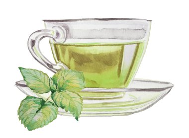 Klasik cam çay illüstrasyonu. Retro bardak tasarımı. Sıcak içecek, beyaz arka planda izole edilmiş. Sakinleştirici bitki çayı klipsi. Daha sağlıklı olmak için iç..