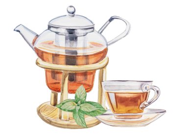 Çay dizaynlı şeffaf cam çaydanlık. Suluboya çaydanlık çizimi. Retro mutfak gereçleri kümesi.