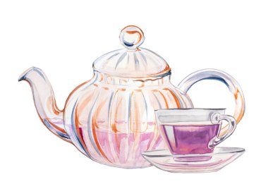 Çay dizaynlı şeffaf cam çaydanlık. Suluboya çaydanlık çizimi. Retro mutfak gereçleri kümesi.
