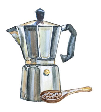 Geyser kahve makinesi ve kahve tanecikleri beyaz üzerine izole edilmiş..