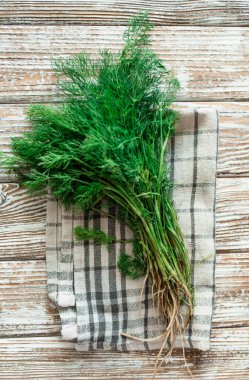 Mutfak masasında taze dereotu yaprakları. Pencere bahçesi kavramı.