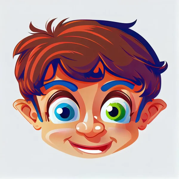 a cartoon boy with a funny face and big eyes with a smile on his face and a blue background..