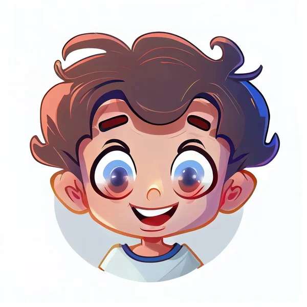 a cartoon boy with a blue shirt and brown hair and a smile on his face..