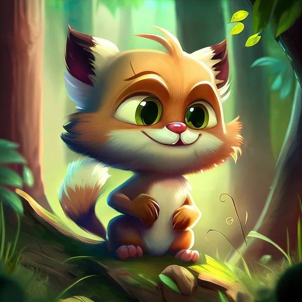 a cartoon cat sitting on a tree branch in the forest with a green background and a forest background with a tree trunk and a forest with a few leaves