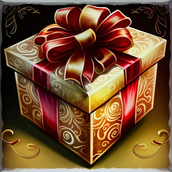 a gift box with a red bow on it and a gold ribbon around the top of it
