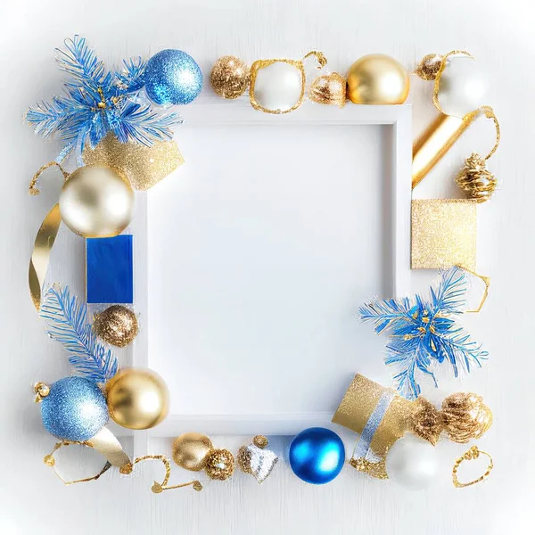a white frame with blue and gold ornaments around it and a white background with a white square in the middle