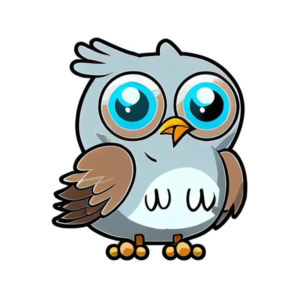 a cartoon owl with blue eyes and a brown beak sitting on a white background with a white background and a black outline..