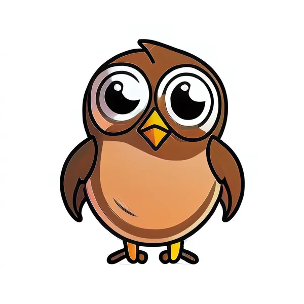 a cartoon owl with big eyes and a yellow beak is standing upright and looking at the camera with a wide open eye