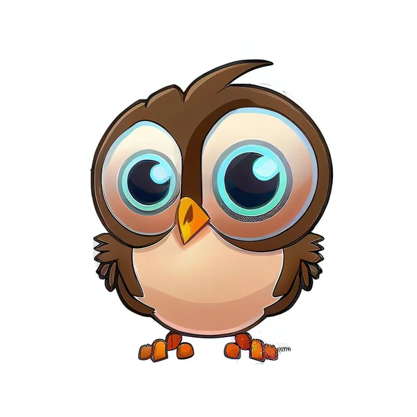 a cartoon owl with big blue eyes and a brown beak is standing upright with its eyes wide open and looking at the camera