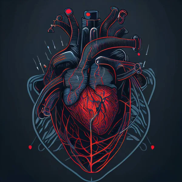 a heart with a vein inside of it on a black background with red and blue lines and a black background with a red heart