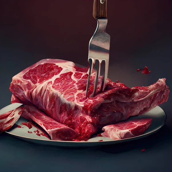 a fork stuck into a piece of meat on a plate with a knife and fork stuck into it with a fork stuck in it