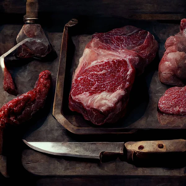 a steak and meat on a cutting board with a knife and a knife next to it and a couple of meats