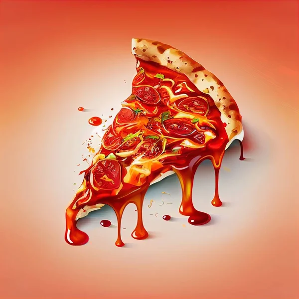 a slice of pizza with sauce dripping on it and a slice of pizza on the ground with a slice missing