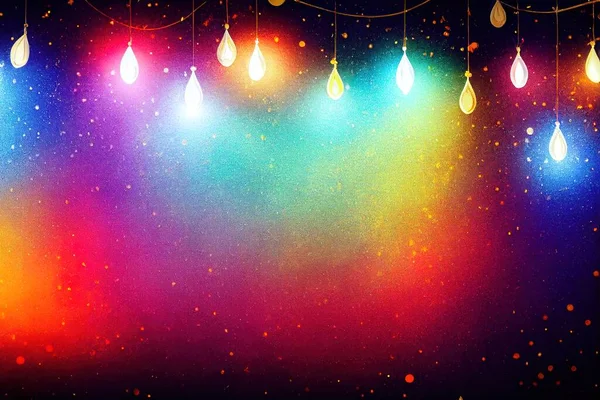 a colorful background with hanging lights and stars in the sky and a black background with a blue sky and a red and yellow background