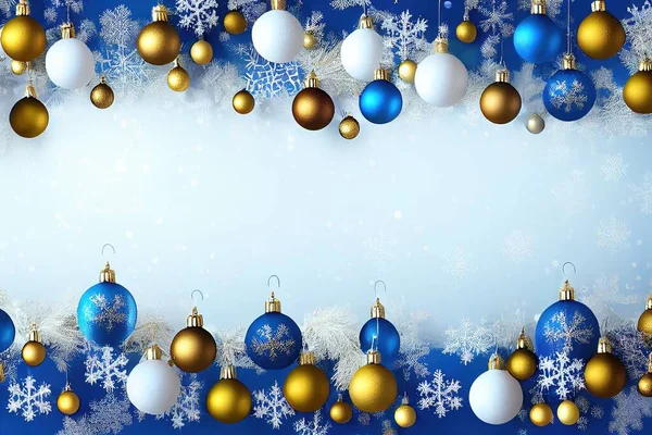 a blue and white christmas background with gold and silver ornaments and snowflakes on a blue background with white snowflakes