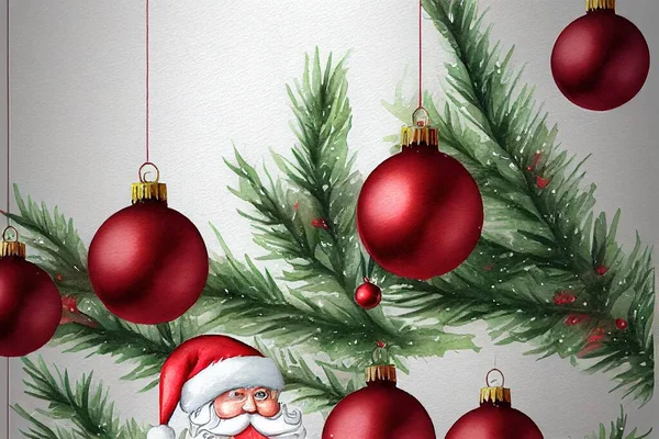 a painting of a santa clause hanging from a christmas tree with ornaments on it\'s branches and a white background