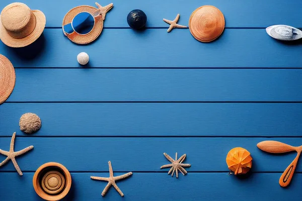 a blue background with a variety of beach items on it